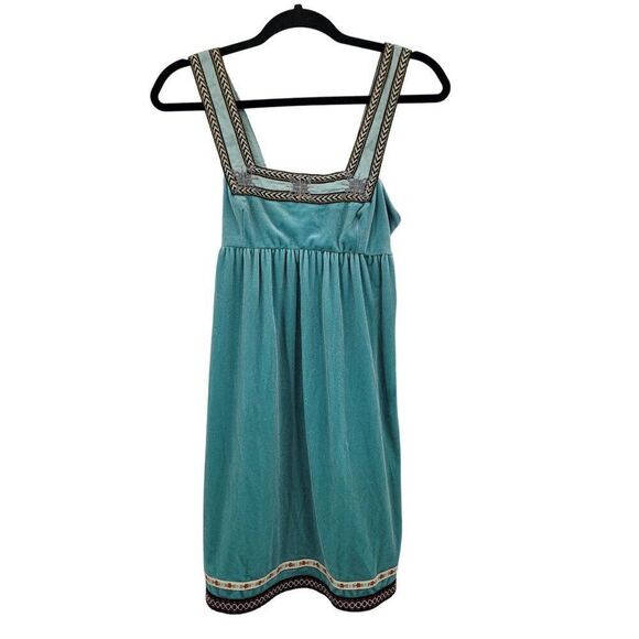 Free People Baby Doll Dress XS Teal Blue Velour Mini Smocked Ribbon Trim Boho - Picture 10 of 10